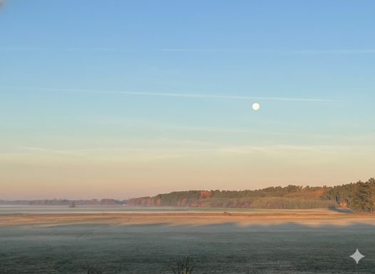 Morgendämmerung über einem nebligen Landschaftsbild mit Mond am Himmel.